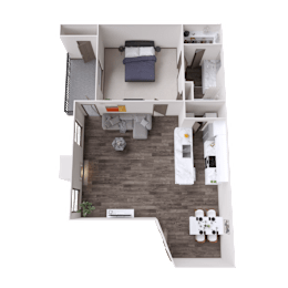 A top-down view of a small apartment with a bedroom, living room, and kitchen.