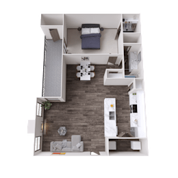 A top-down view of a small apartment with a bedroom, living room, and kitchen area.