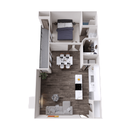 A top-down view of a modern apartment with a living room, kitchen, and bedroom.