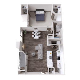 A top-down view of a small, well-organized apartment with a bed, a dining table, and a kitchenette.