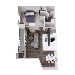 A top-down view of a small apartment with a bed, couch, and dining table.