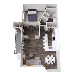 A top-down view of a modern apartment layout with a living room, kitchen, and bedroom.