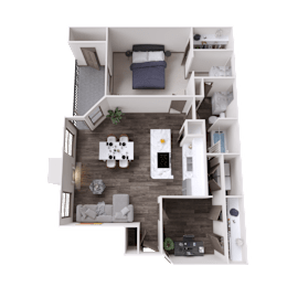 A top-down view of a small apartment with a bedroom, living room, and kitchen area.