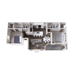 A top-down view of a modern apartment layout with a kitchen, living room, and bedrooms.