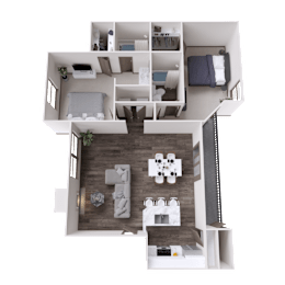 A 3D floor plan of a small apartment with a living room, kitchen, and bedrooms.