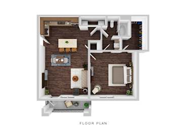 A floor plan of a small apartment with a living room, kitchen, and bathroom.