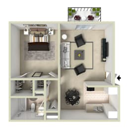 A 3D floor plan of a small apartment with a living room, kitchen, and bathroom.