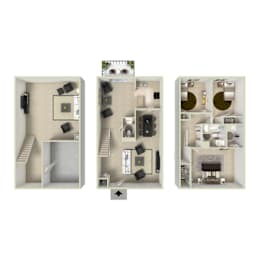 Three different layouts of a dollhouse apartment are shown.