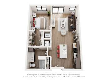 A 3D floor plan of a small apartment with a kitchen, living room, and bathroom.