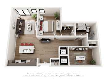 A 3D floor plan of a small apartment with a kitchen, living room, and bedroom.