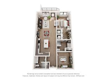 A 3D floor plan of a small apartment with a kitchen, living room, and two bedrooms.