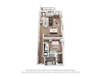 A 3D floor plan of a small apartment with a kitchen, living room, and bathroom.
