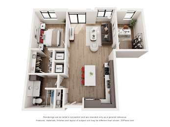 A 3D floor plan of a small apartment with a kitchen, living room, and bathroom.