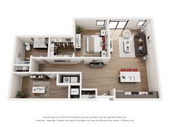 A 3D floor plan of a house with a kitchen, living room, and two bedrooms.