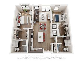 A 3D floor plan of a house with a kitchen, living room, and two bedrooms.