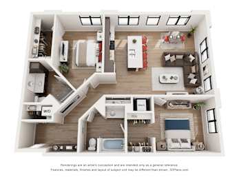 A 3D floor plan of a house with labeled rooms.
