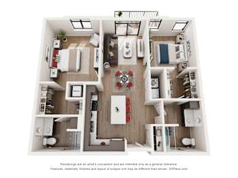 A 3D floor plan of a house with a kitchen, living room, and two bedrooms.