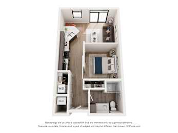 A 3D floor plan of a small apartment with a kitchen, living room, and bathroom.