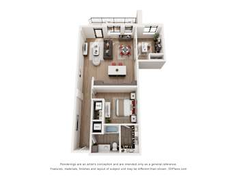 A 3D floor plan of a small apartment with a kitchen, living room, and bathroom.