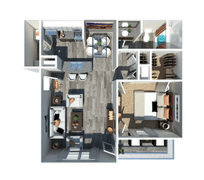 a 3d floor plan of a bedroom with a bathroom and a living room