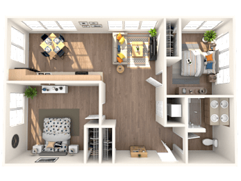 A 3D rendered image of a small apartment layout.