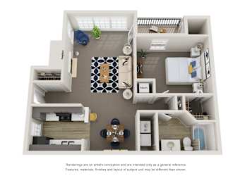 A floor plan of a house with a kitchen, living room, dining room, and bathroom.