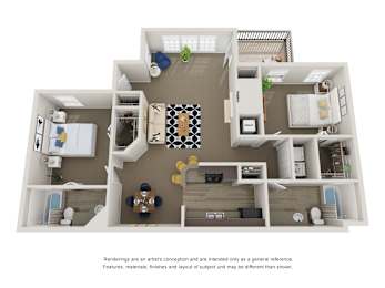 A 3D floor plan of a house with a kitchen, living room, and two bedrooms.