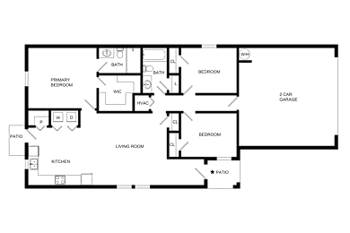 A black and white floor plan of a house with a living room, kitchen, two bedrooms, a bathroom, a garage, and a patio.