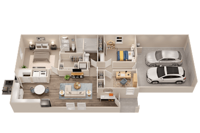 A 3D floor plan of a house with a car parked in the garage.