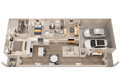 A top-down view of a well-furnished living space with a kitchen, dining area, and a car parked in the driveway.