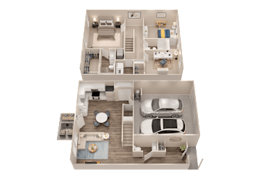 A 3D floor plan of a two-story house with a garage.