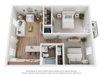 a 1 bedroom floorplan is shown with a bedroom and living room