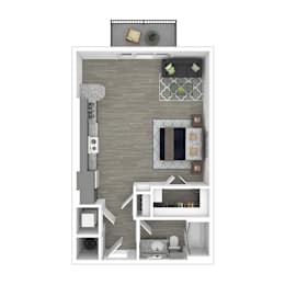 A top-down view of a small apartment with a kitchen, living room, and bathroom.