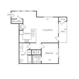 A floor plan of a home with a living room, kitchen, bathroom and bedroom.
