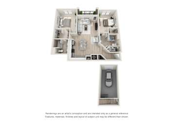 A floor plan of a house with a garage and a car.