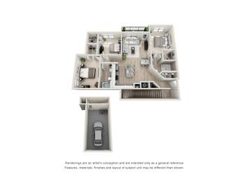 A floor plan of a house with a garage and a car.