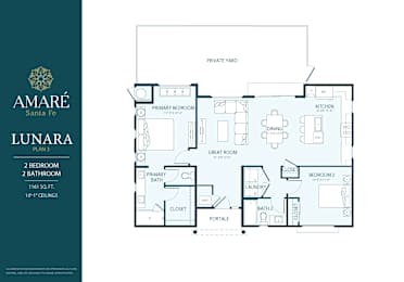 Amare Santa Fe Lunara floor plan with 2 bedrooms and 2 bathrooms.