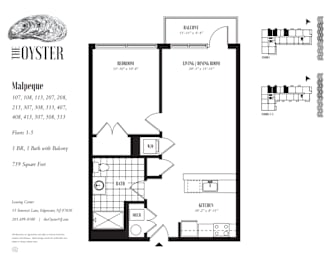 A floor plan for an apartment with a balcony and a kitchen.