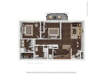 A floor plan of a house with a kitchen, living room, and two bedrooms.