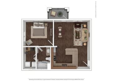 A floor plan of a small apartment with a kitchen, living room, and bathroom.