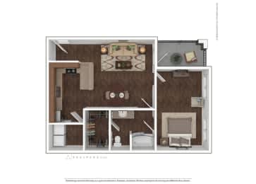 A floor plan of a small apartment with a kitchen, living room, and bathroom.