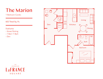 A red floor plan of a one bedroom condo with a list of features and the address LaFrance Square.