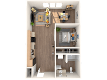 A top-down view of a small, well-organized apartment with a kitchen, living room, and bedroom.