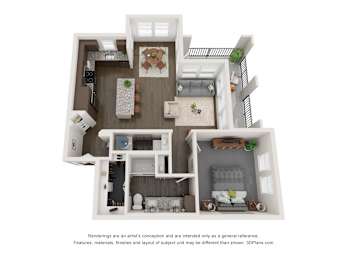 A 3D floor plan of a house with a kitchen, living room, and two bedrooms.