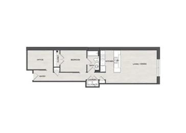 A floor plan of a house with an office, bedroom, kitchen, and living room.