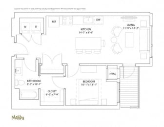  Floor Plan 1 Bed 1 Bath Malibu