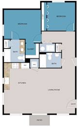 A floor plan of a house with a living room, kitchen, two bedrooms, and two bathrooms.