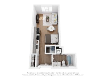 a stylized floor plan with a bedroom and a living room