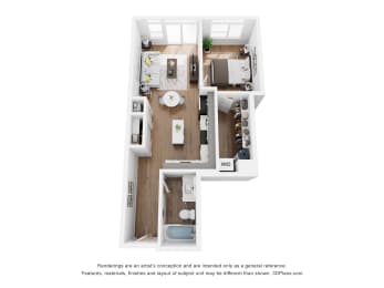 a stylized drawing of a 1 bedroom floor plan with a kitchen and living room