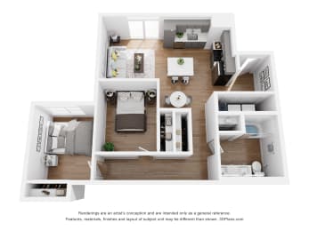 a stylized floor plan with a bedroom and a living room